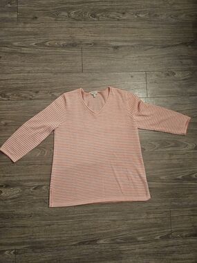 Talbots Striped V-Neck Lightweight Knit Top - Pink & White Size Medium